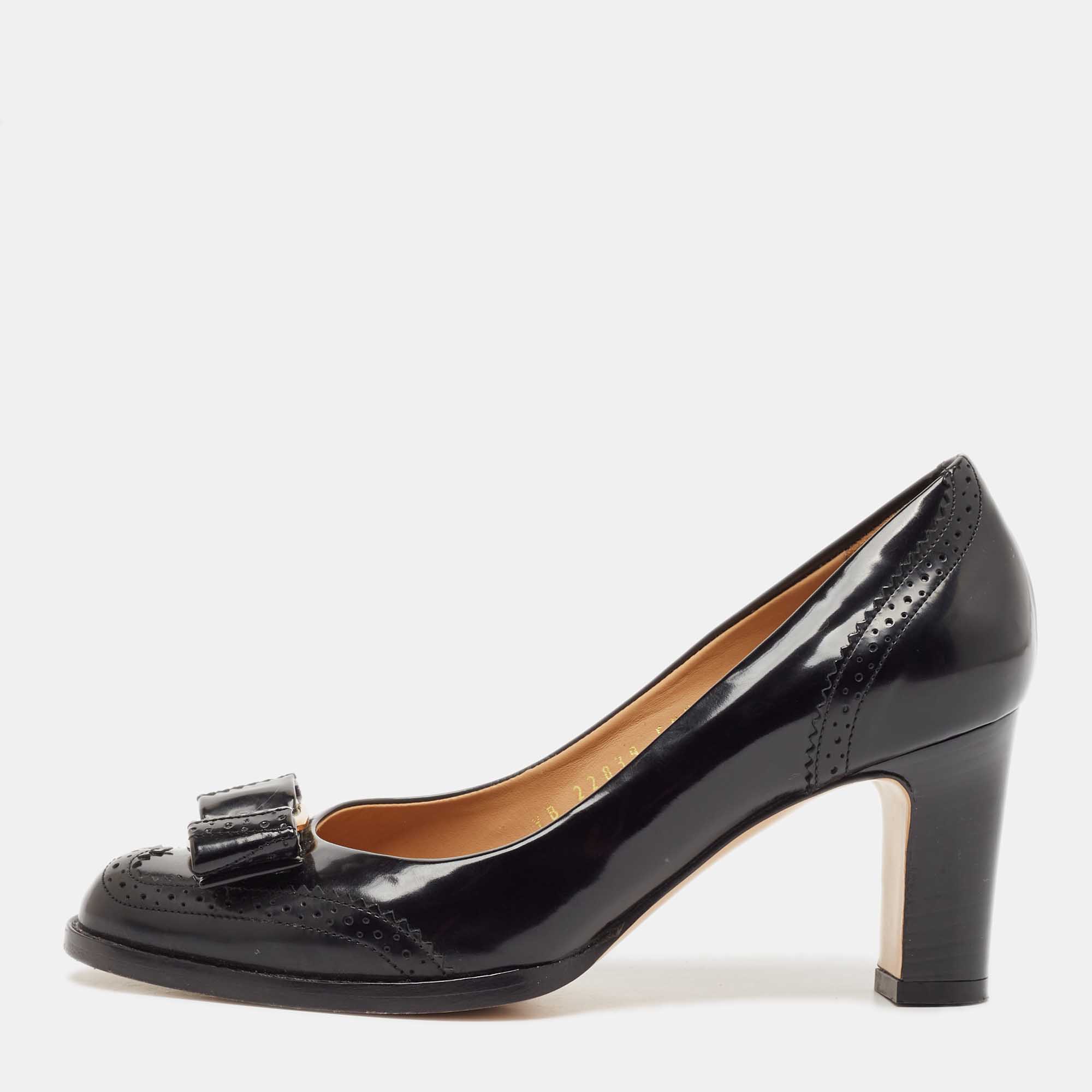 Salvatore Ferragamo Black Leather Brogue Vara Bow Pumps Size 35.5, Pumps - Luxury Closet catalog