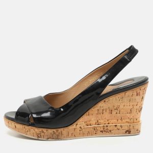 Salvatore Ferragamo Black Patent Leather Cork Wedge Slingback Sandals Size 39.5, Sandals - Luxury Closet catalog