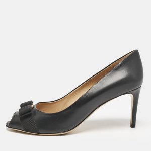 Salvatore Ferragamo Black Leather Pola Vara Bow Peep Toe Pumps Size 40, Pumps - Luxury Closet catalog