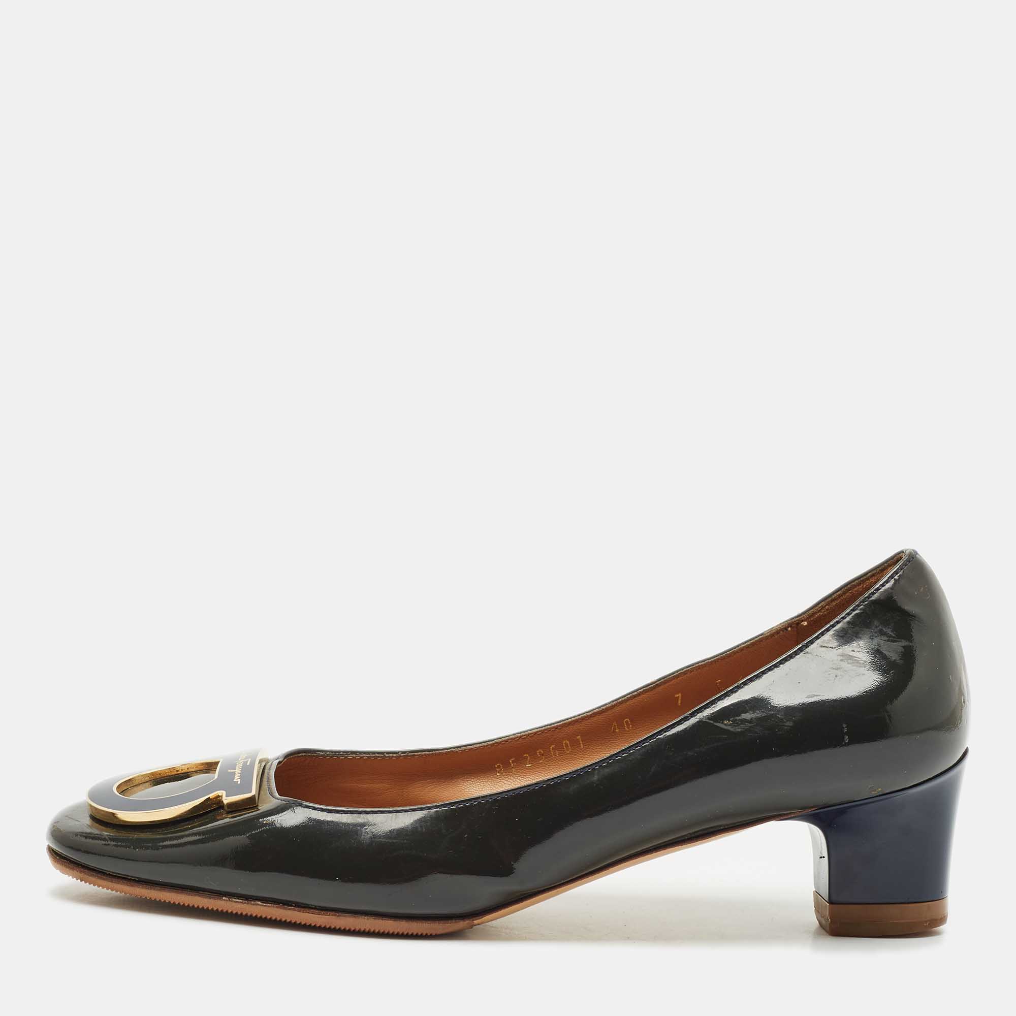 Salvatore Ferragamo Green/Blue Patent Leather Gancio Pumps Size 40, Pumps - Luxury Closet catalog
