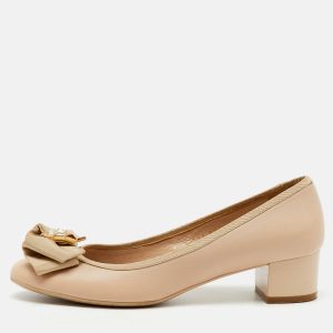 Salvatore Ferragamo Beige Leather Crystal Bow Block Heel Pumps Size 37, Pumps - Luxury Closet catalog