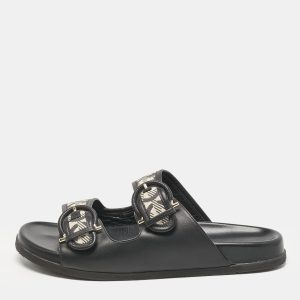 Salvatore Ferragamo Black/Off White Logo Print Fabric and Leather Gairo T Flat Slides Size 39.5, Flats - Luxury Closet catalog