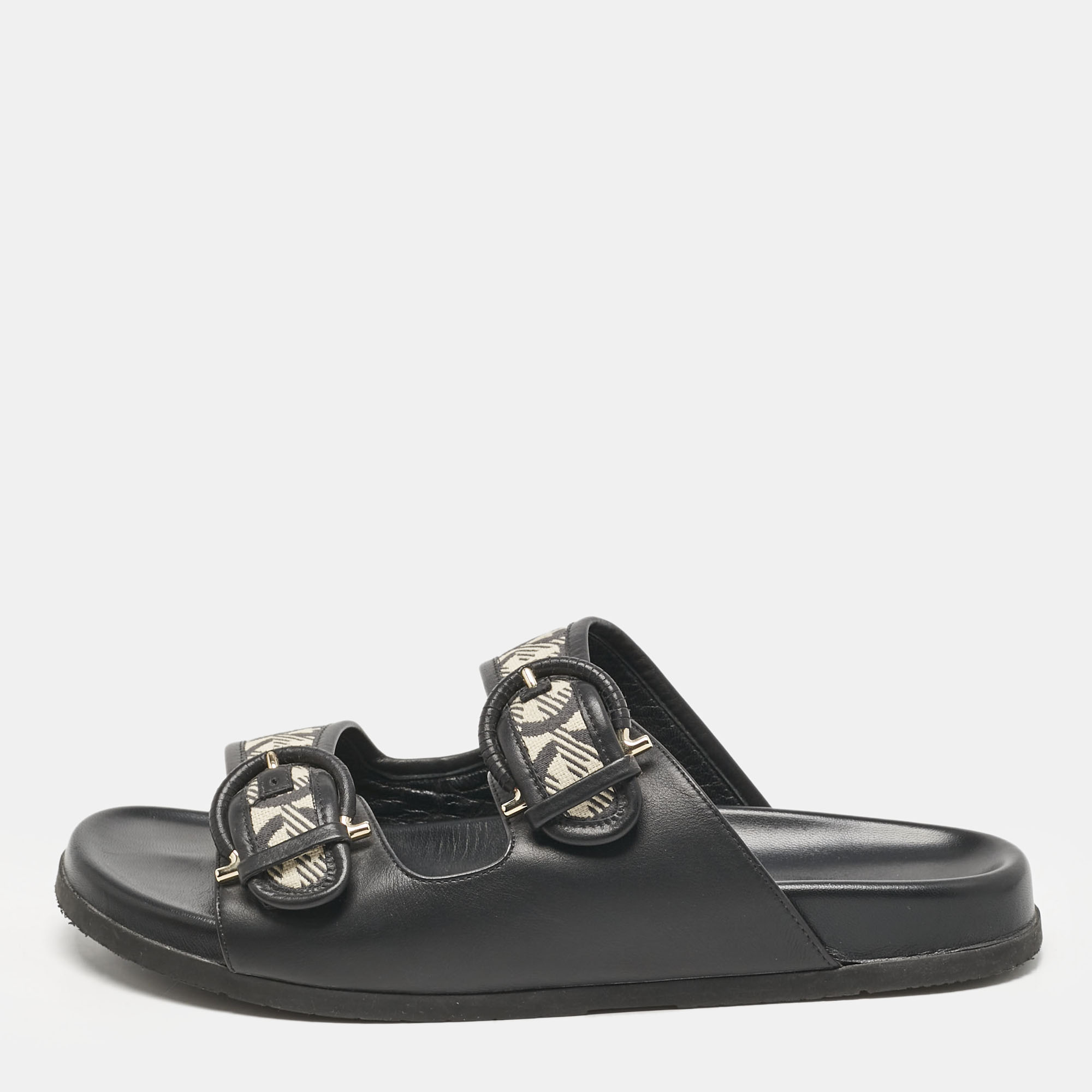 Salvatore Ferragamo Black/Off White Logo Print Fabric and Leather Gairo T Flat Slides Size 39.5, Flats - Luxury Closet catalog
