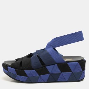 Salvatore Ferragamo Blue/Black Colorblock Stretch Fabric Wedge Platform Sandals Size 39, Sandals - Luxury Closet catalog