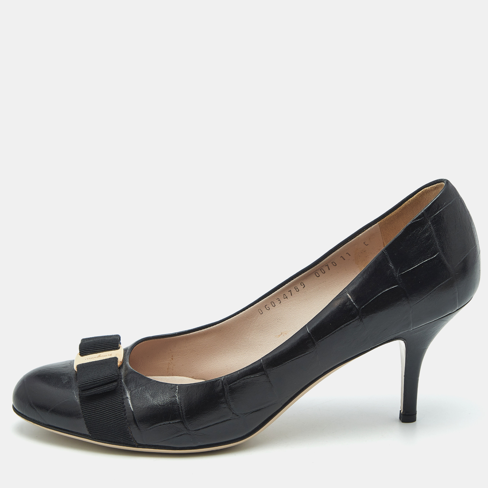 Salvatore Ferragamo Black Croc Embossed Leather Vara Bow Pumps Size 41.5, Pumps - Luxury Closet catalog