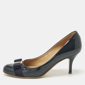 Salvatore Ferragamo Navy Blue Patent Leather Vara Bow Pumps Size 39, Pumps - Luxury Closet catalog