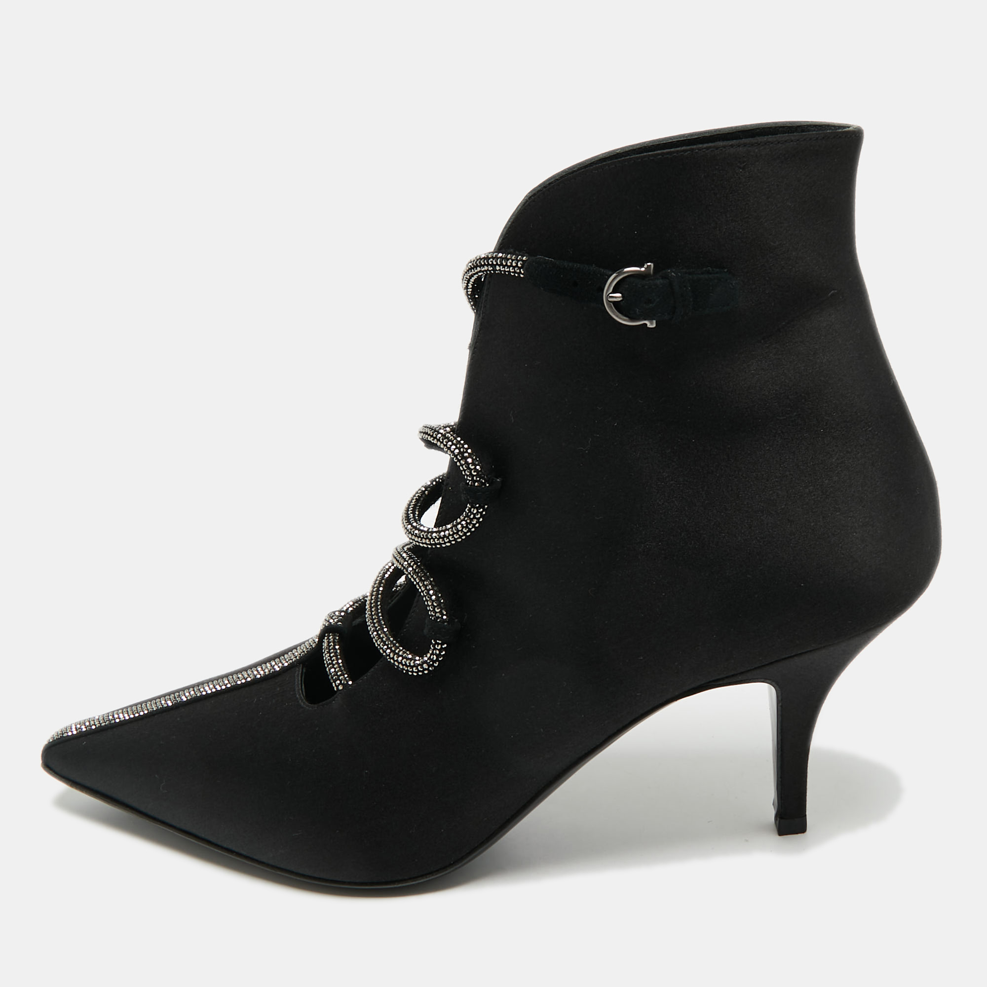 Salvatore Ferragamo Black Satin Ciconia Embellished Ankle Length Boots Size 40, Boots - Luxury Closet catalog