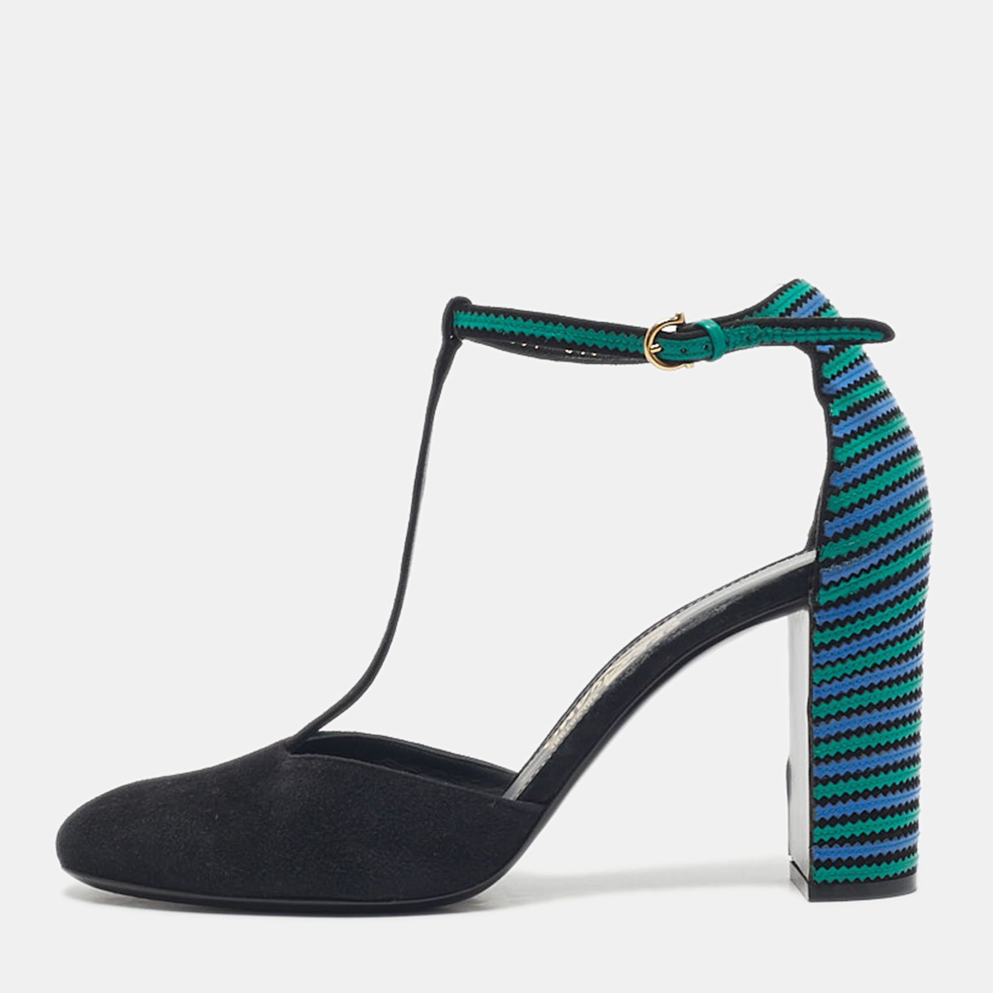 Salvatore Ferragamo Black/Blue Suede And Leather Fergie T-Strap Pumps Size 40.5, Pumps - Luxury Closet catalog