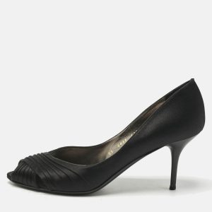 Salvatore Ferragamo Black Pleated Satin Societe Peep Toe Pumps Size 39.5, Pumps - Luxury Closet catalog