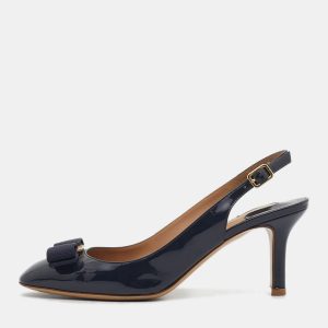 Salvatore Ferragamo Navy Blue Patent Leather Bow Slingback Pumps Size 37, Pumps - Luxury Closet catalog