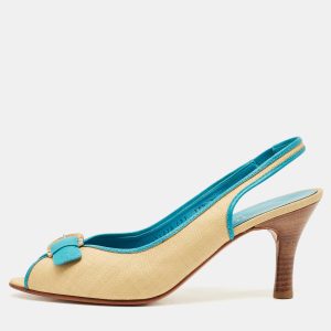 Salvatore Ferragamo Blue/Cream Leather and Raffia Anah Slingback Pumps Size 41, Pumps - Luxury Closet catalog