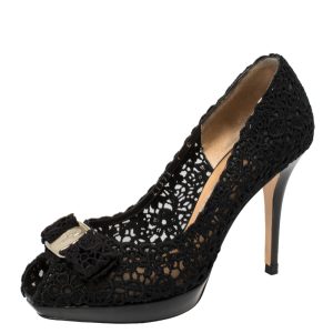 Salvatore Ferragamo Black Bonita Lace Peep Toe Pumps Size 37.5, Pumps - Luxury Closet catalog
