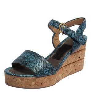 Salvatore Ferragamo Blue Lizard Embossed Leather Madea Cork Wedge Sandals Size 35.5, Sandals - Luxury Closet catalog