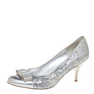 Salvatore Ferragamo Silver Glitter Vara Bow Pumps Size 38.5, Pumps - Luxury Closet catalog