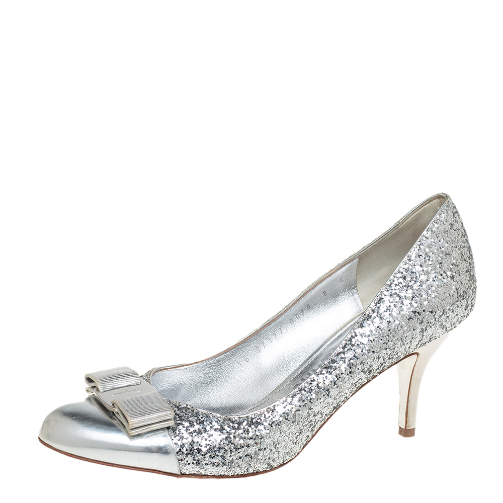 Salvatore Ferragamo Silver Glitter Vara Bow Pumps Size 38.5, Pumps - Luxury Closet catalog