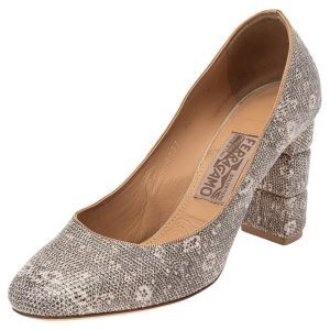 Salvatore Ferragamo Two Tone Lizard Embossed Leather Block Heel Pumps Size 38.5, Pumps - Luxury Closet catalog