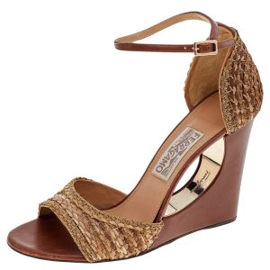 Salvatore Ferragamo Brown/Beige Woven Straw Chain Embellishment Sandals Size 38.5, Sandals - Luxury Closet catalog