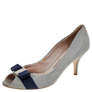 Salvatore Ferragamo Blue/White Canvas Vara Bow Peep Toe Pumps Size 39, Pumps - Luxury Closet catalog