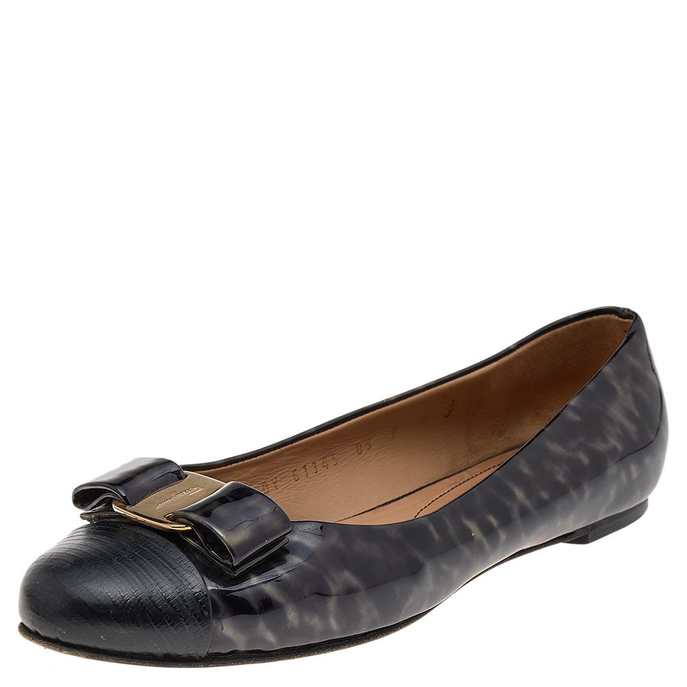 Salvatore Ferragamo Two Tone Patent Leather And Lizard Embossed Leather Cap Toe Vara Bow Ballet Flats Size 37.5, Flats - Luxury Closet catalog