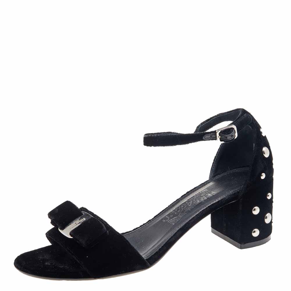 Salvatore Ferragamo Black Velvet Studded Block Heel Ankle Strap Sandals Size 38, Sandals - Luxury Closet catalog