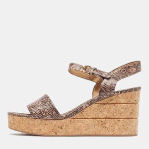 Salvatore Ferragamo Brown Lizard Embossed Leather Madea Cork Wedge Sandals Size 40, Sandals - Luxury Closet catalog