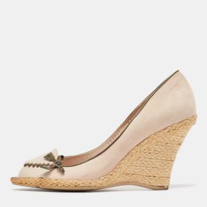 Salvatore Ferragamo Beige Nubuck Leather Peep Toe Espadrille Wedge Pumps Size 38.5, Pumps - Luxury Closet catalog