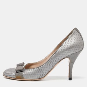 Salvatore Ferragamo Grey Textured Leather Vara Bow Pumps Size 39.5, Pumps - Luxury Closet catalog