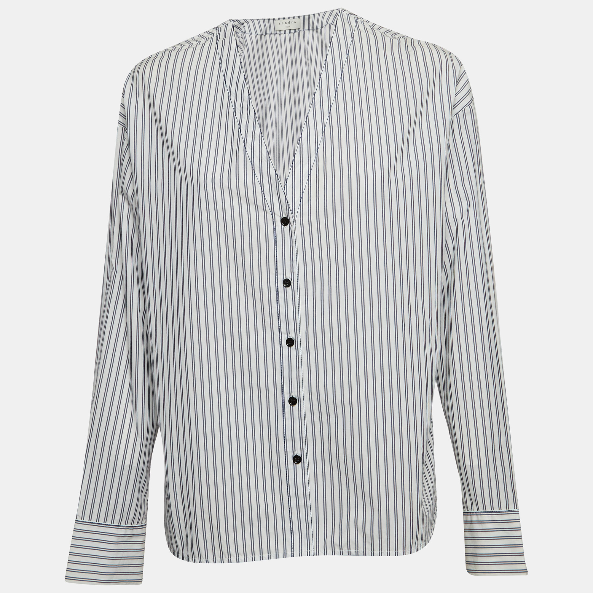 Sandro White Pinstripe V-Neck Top L, Shirts & Tops - Luxury Closet catalog