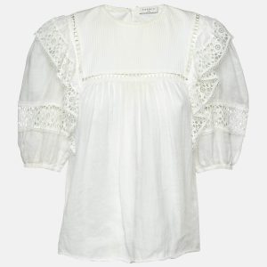 Sandro White Ramie Lace Trim Ruffled Top L, Shirts & Tops - Luxury Closet catalog