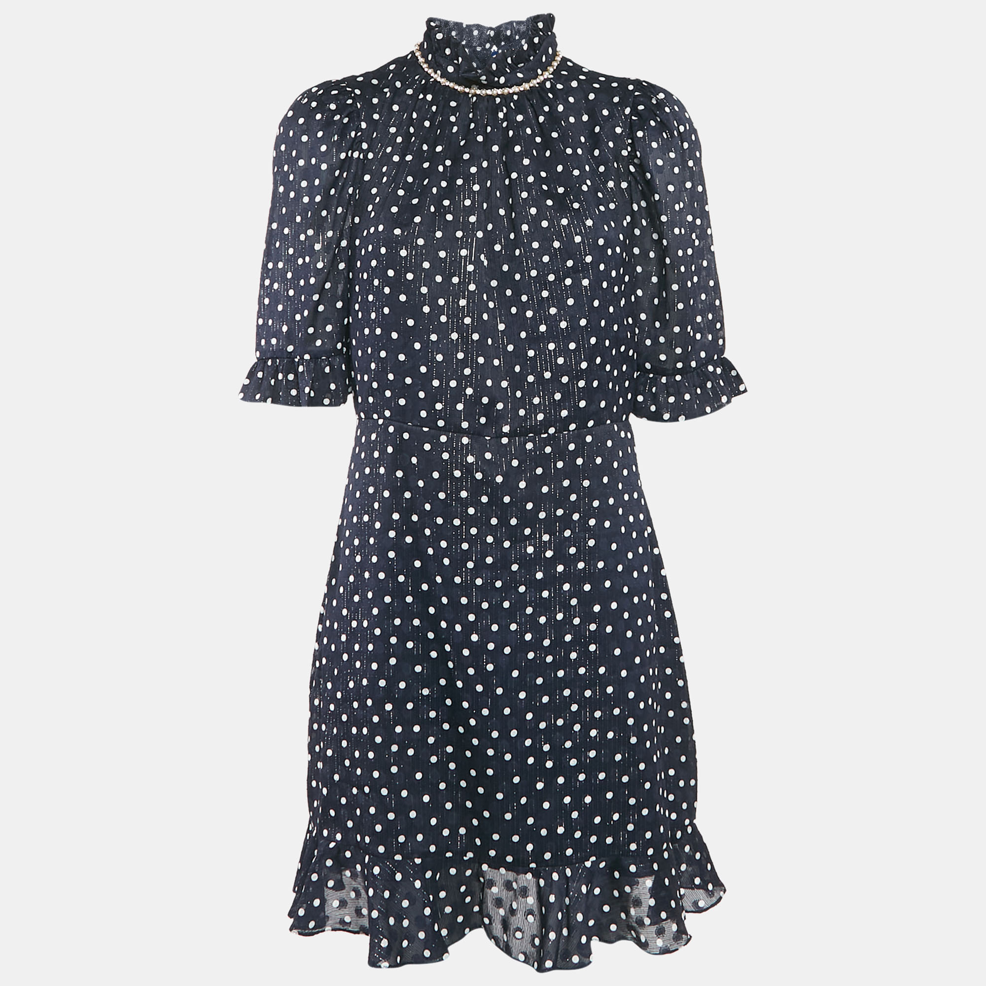 Sandro Navy Blue Polka Dots Lurex Chiffon Short Dress XL, Dresses - Luxury Closet catalog