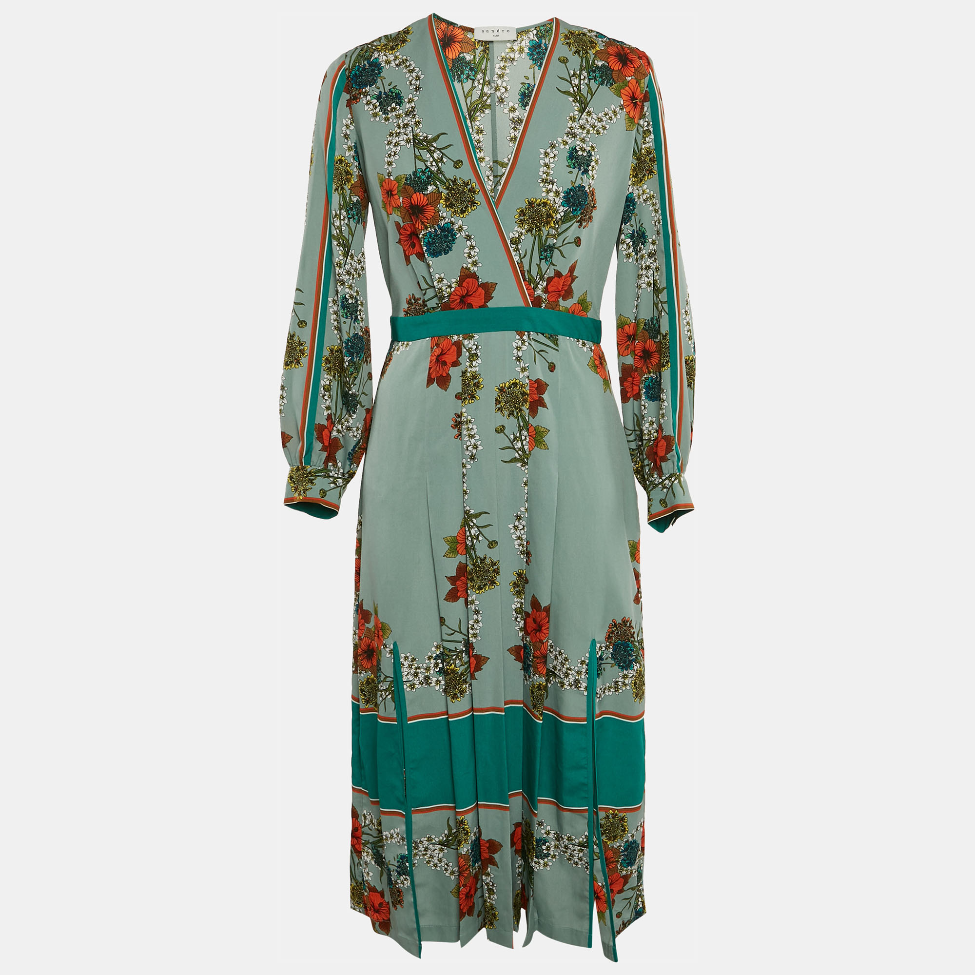 Sandro Green Floral Print Crepe Pleat Detail V-Neck Midi Dress M, Dresses - Luxury Closet catalog