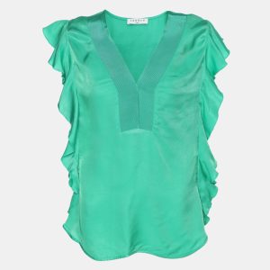 Sandro Green Crepe Viscose Ruffled Detail Top L, Shirts & Tops - Luxury Closet catalog