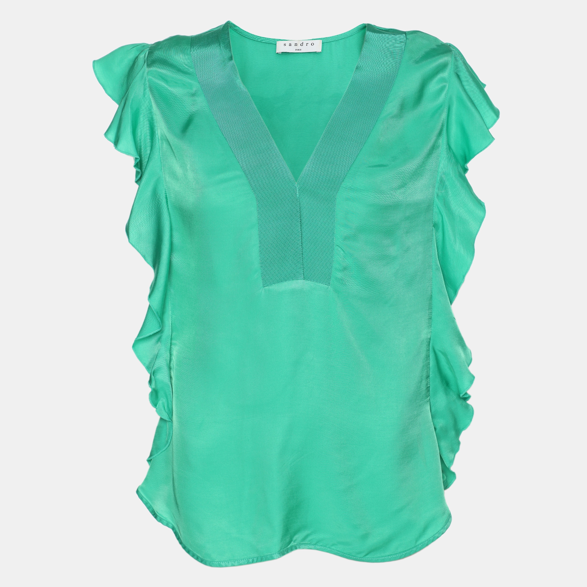 Sandro Green Crepe Viscose Ruffled Detail Top L, Shirts & Tops - Luxury Closet catalog