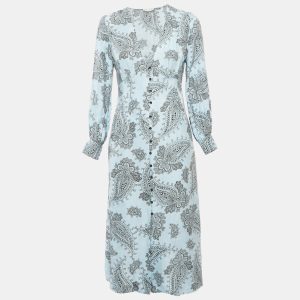 Sandro Blue Printed Sateen V-Neck Midi Dress M, Dresses - Luxury Closet catalog