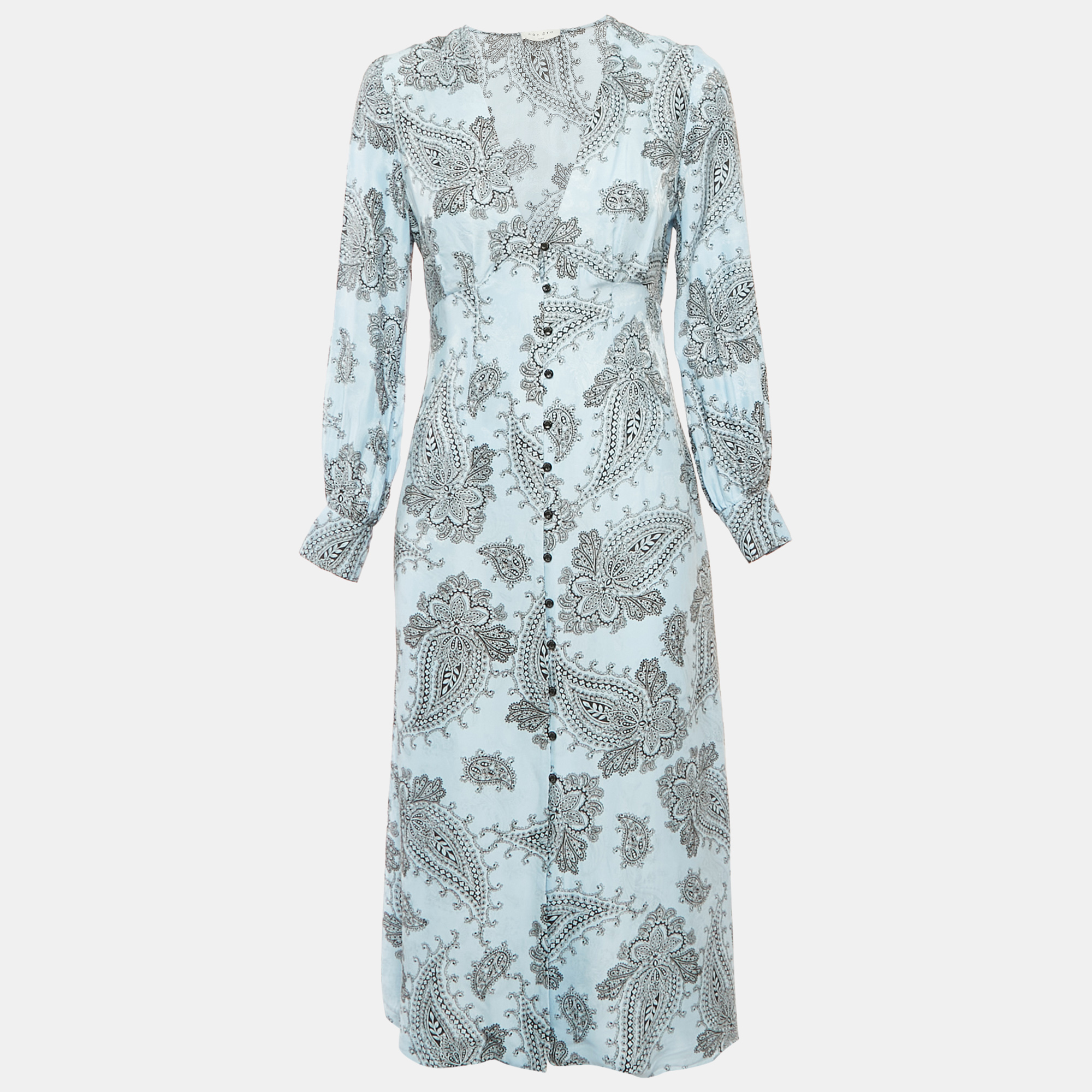 Sandro Blue Printed Sateen V-Neck Midi Dress M, Dresses - Luxury Closet catalog