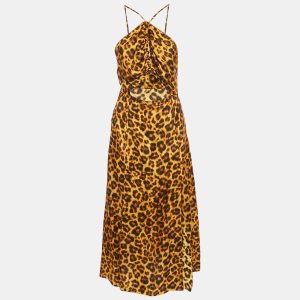 Sandro Orange Leopard Print Satin Cut-Out Ruched Midi Dress S, Dresses - Luxury Closet catalog