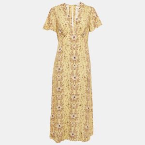 Sandro Yellow Floral Print Crepe V-Neck Midi Dress S, Dresses - Luxury Closet catalog