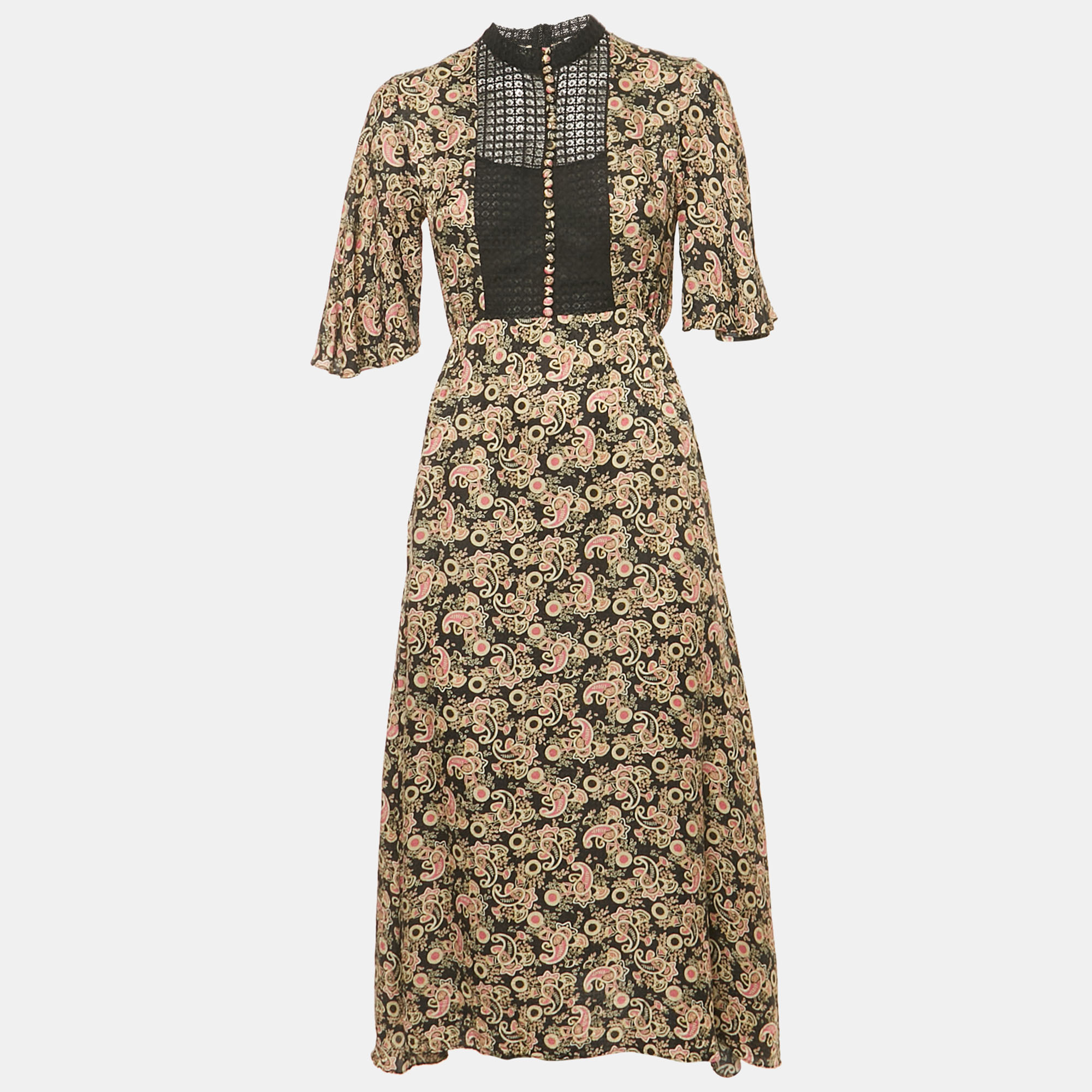 Sandro Black Lace Trim Paisley Print Crepe Midi Dress XS, Dresses - Luxury Closet catalog