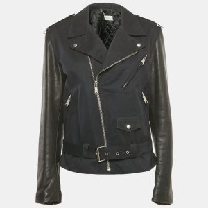 Sandro Navy Blue Cotton Leather Sleeved Biker Jacket L, Coats & Jackets - Luxury Closet catalog