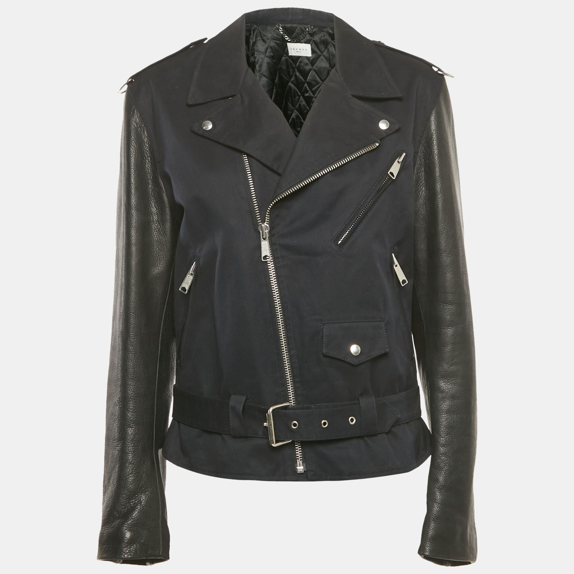 Sandro Navy Blue Cotton Leather Sleeved Biker Jacket L, Coats & Jackets - Luxury Closet catalog