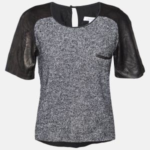 Sandro Black Terry & Leather Short Sleeve Blouse L, Shirts & Tops - Luxury Closet catalog