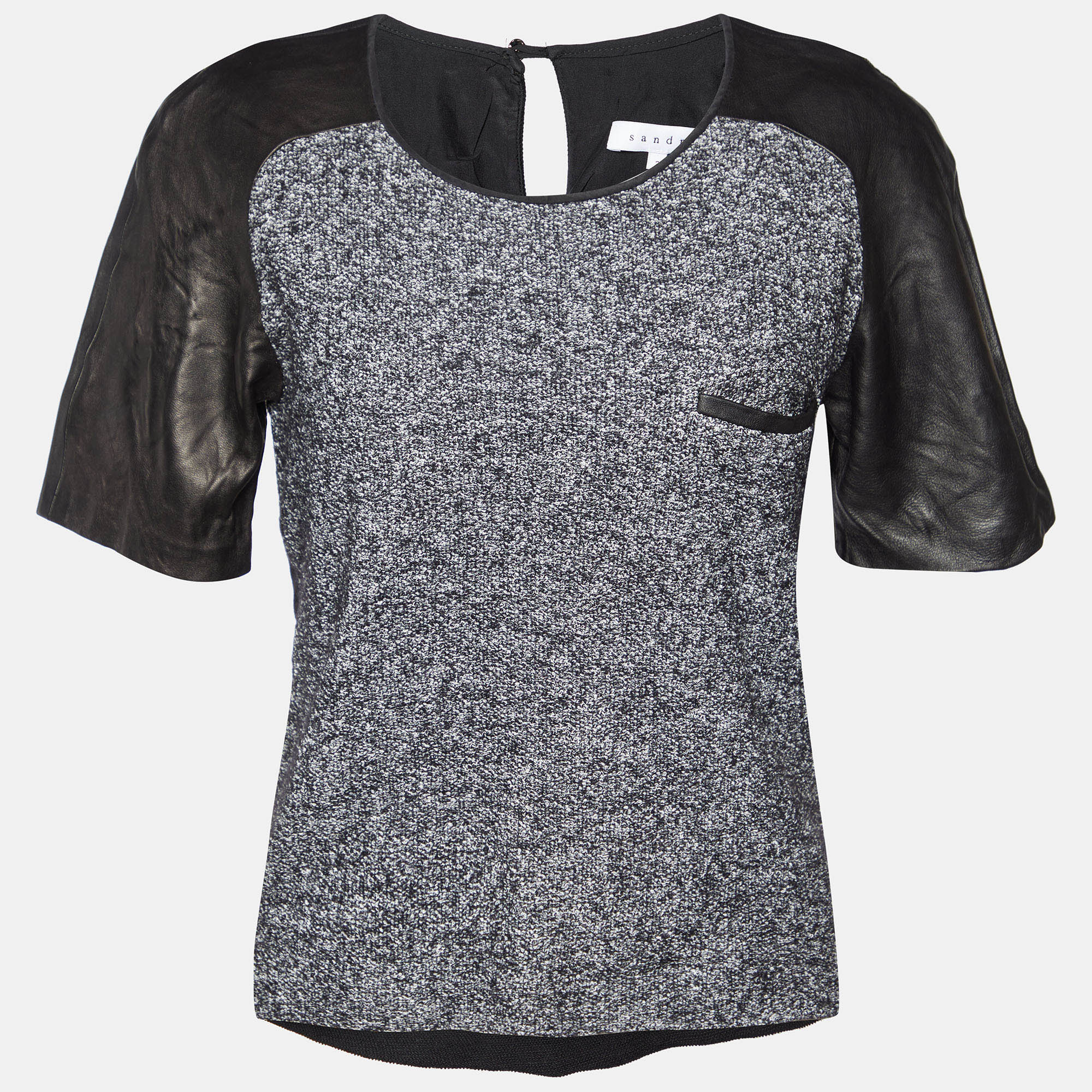 Sandro Black Terry & Leather Short Sleeve Blouse L, Shirts & Tops - Luxury Closet catalog