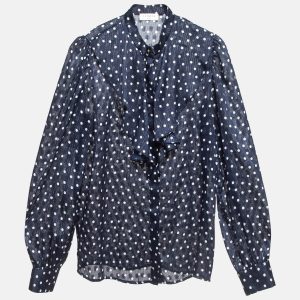 Sandro Navy Blue Metallic Thread Polka Dot Chiffon Shirt XS, Shirts & Tops - Luxury Closet catalog