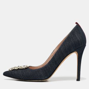 SJP Sarah Jessica Parker Navy Blue Denim Crystal Embellished Pointed Toe Pumps Size 37, Pumps - Luxury Closet catalog