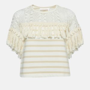 See by Chloe Beige Crochet Trim Stripe Cotton T-Shirt XS, Shirts & Tops - Luxury Closet catalog