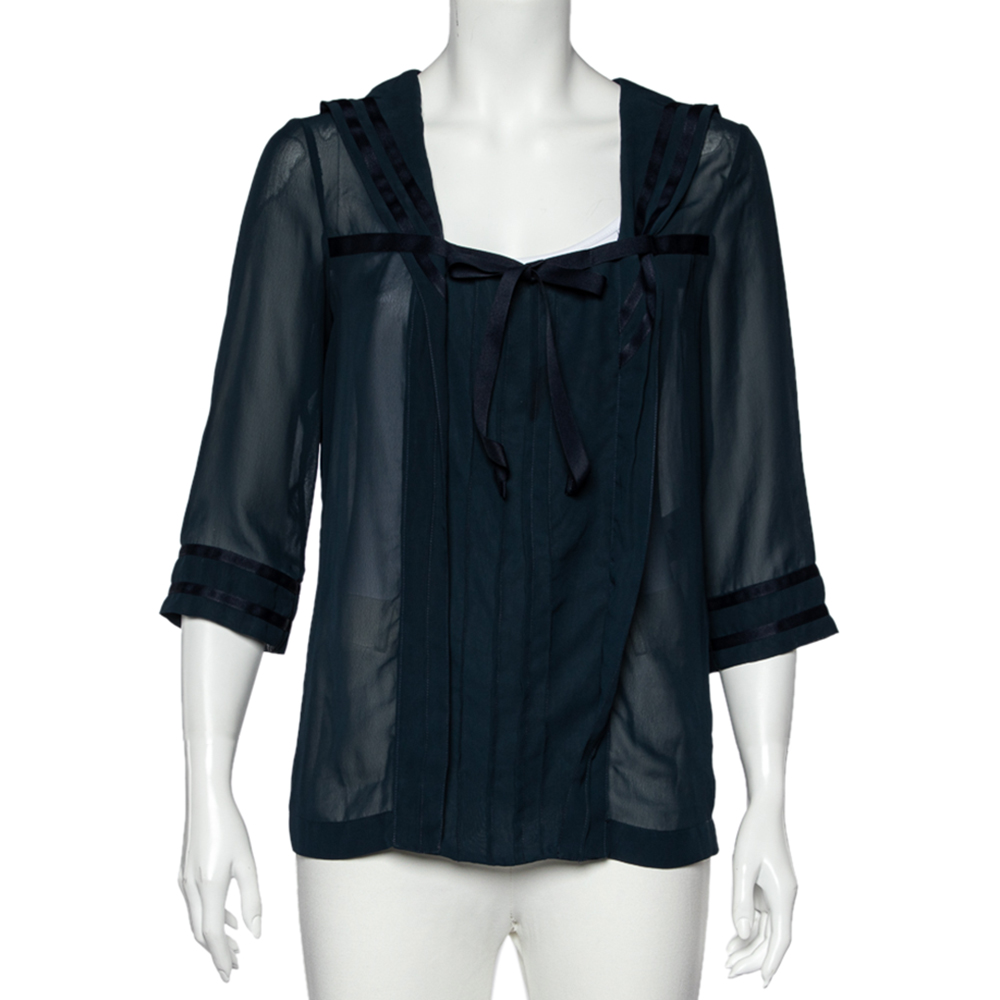See by Chloe Midnight Blue Crepe Pleated Sailor Collar Blouse XL, Shirts & Tops - Luxury Closet catalog