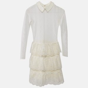Self-Portrait White Lace Ruffled Full Sleeve Mini Dress S, Dresses - Luxury Closet catalog