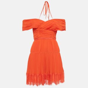 Self-Portrait Orange Lace Trim Chiffon Pleated Off-Shoulder Mini Dress S, Dresses - Luxury Closet catalog