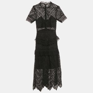 Self-Portrait Black Triangle Lace Tiered Midi Dress S, Dresses - Luxury Closet catalog