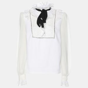 Self-Portrait White Stretch Crepe Tie Neck Top XS, Shirts & Tops - Luxury Closet catalog